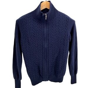 Lady Vesi Full Zip‎ Cardigan Sweater Womens L Navy Cable Knit Merino Cashmere